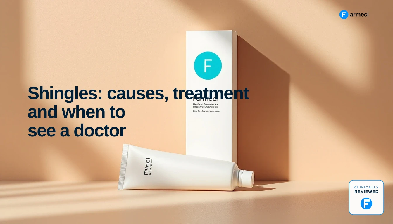 Editorial cover for Farmeci's shingles guide — soft warm cream backdrop with a Farmeci-branded medicine carton and blister pack.