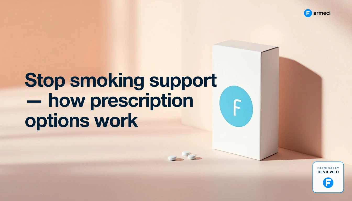 Editorial illustration representing UK stop-smoking prescription support, Farmeci branding