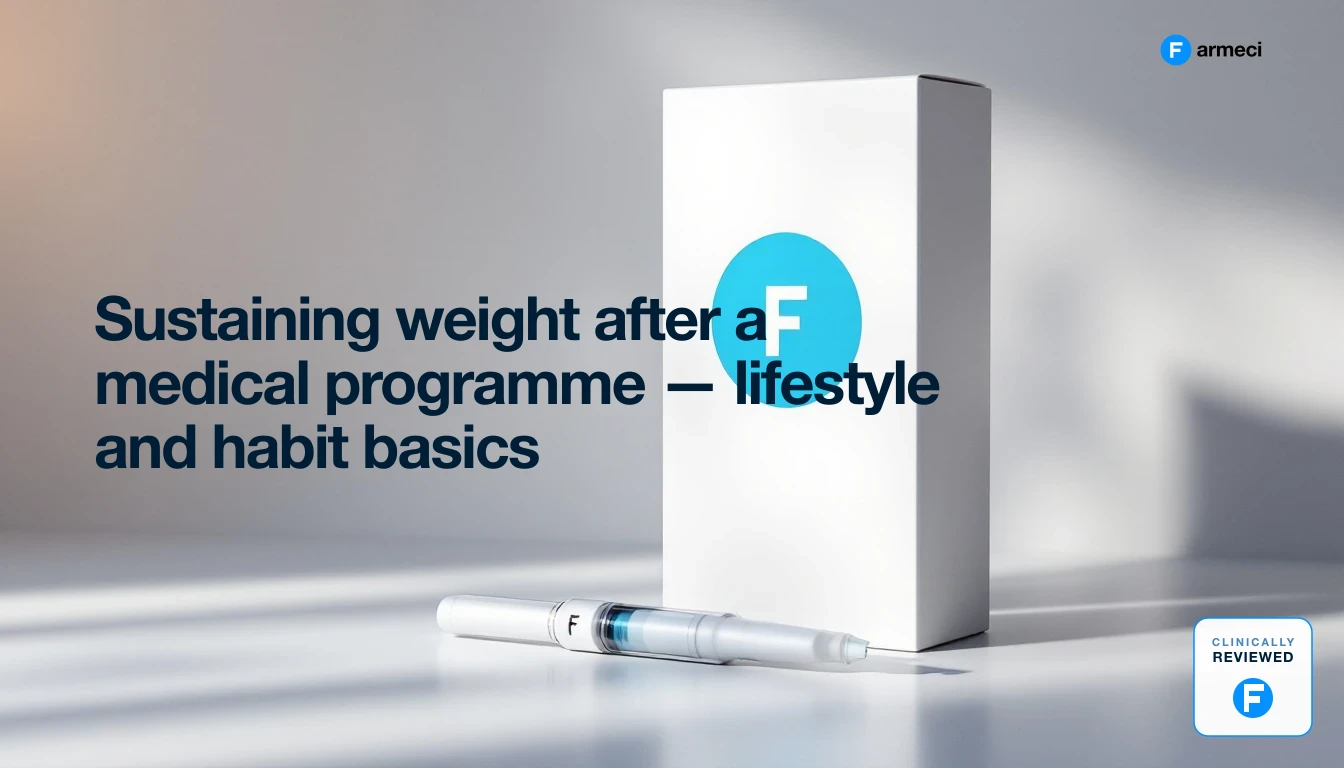 Editorial illustration of long-term weight maintenance and healthy habits, Farmeci branding