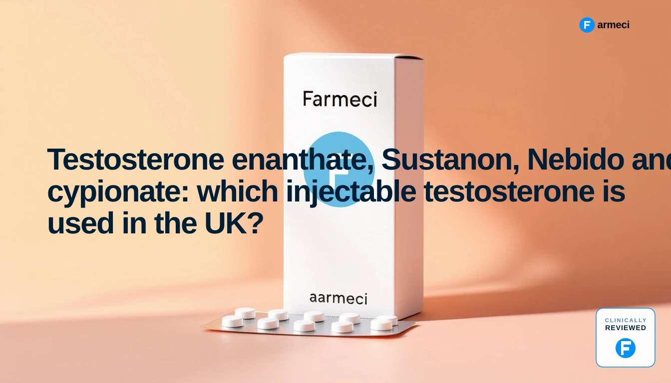 Pharmaceutical vials and a syringe representing injectable testosterone options used in TRT.