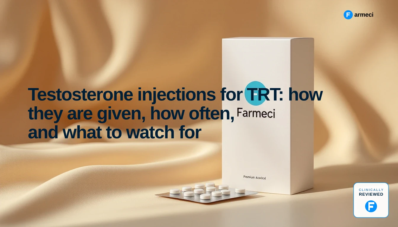 A testosterone injection vial and syringe laid out for a TRT injection appointment.
