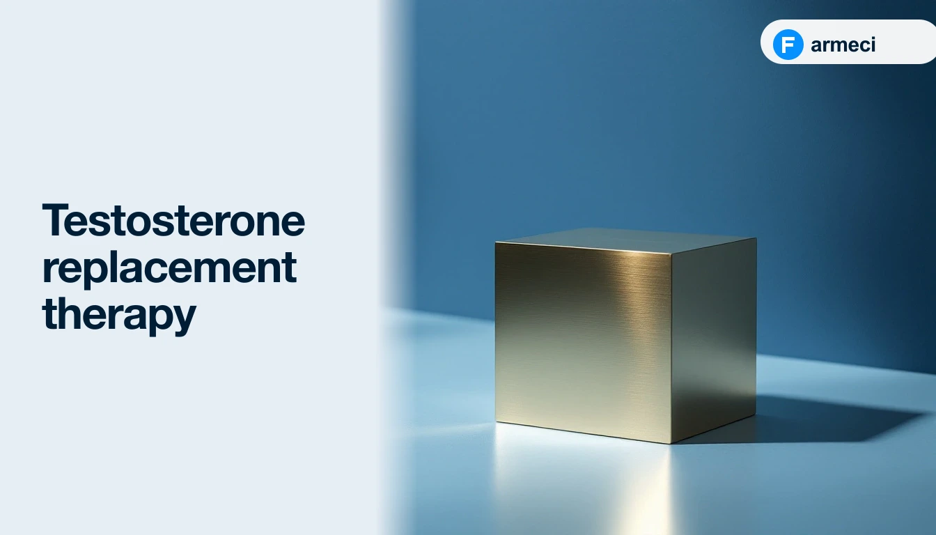 Editorial cover for Farmeci's guide on testosterone replacement therapy — a single elegant polished brass cube on a polished cool pale-blue surface, soft directional light, alongside the headline.