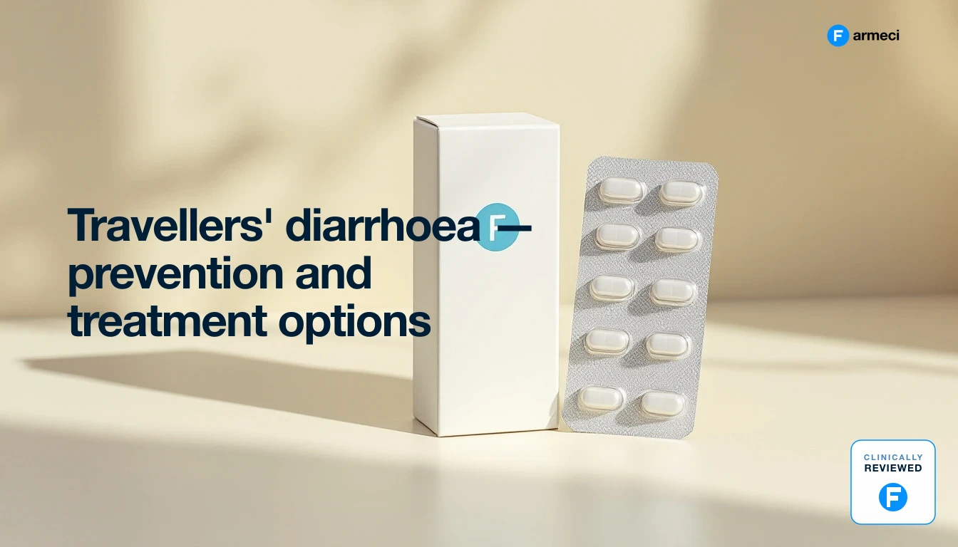 Editorial illustration representing travellers diarrhoea prevention and treatment, Farmeci branding
