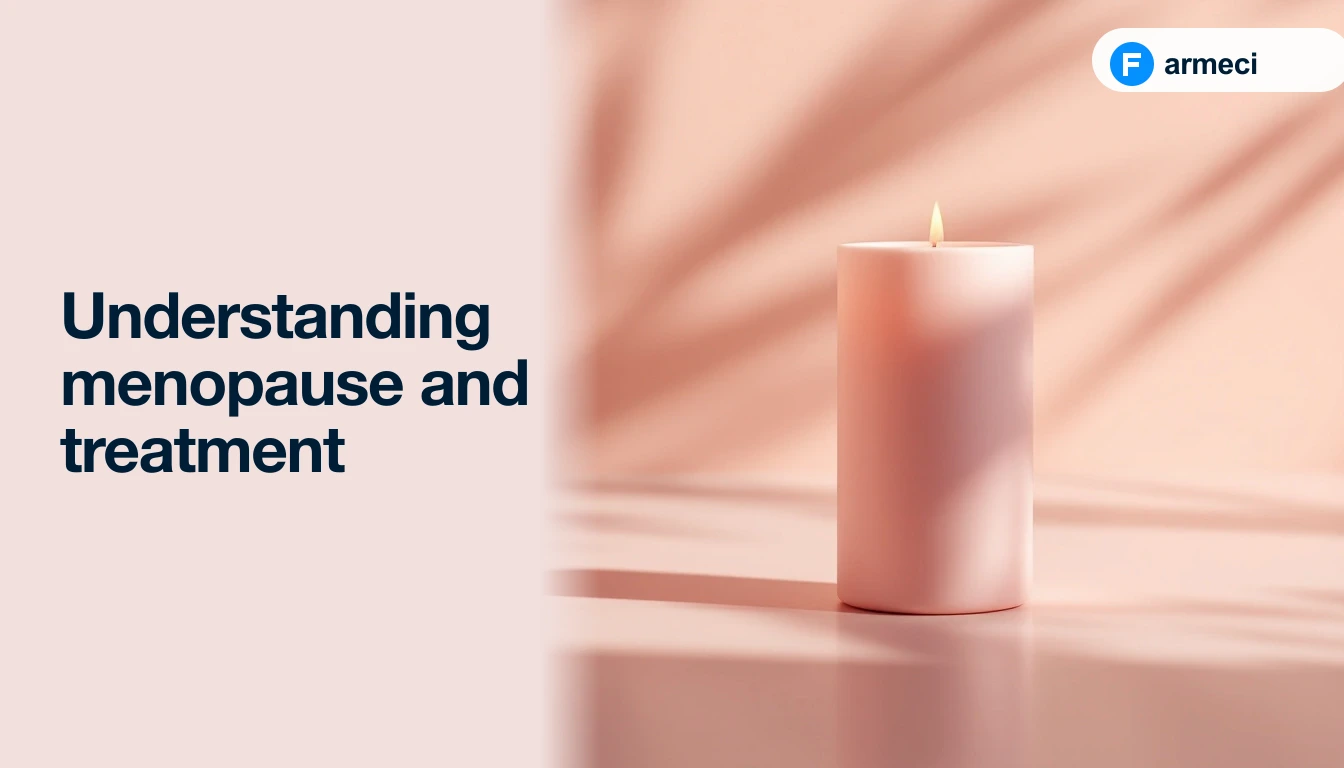 Editorial cover for Farmeci's guide on menopause and treatment pathways — a single elegant matte rose-coloured ceramic candle lantern on a polished pale-rose surface, alongside the headline.