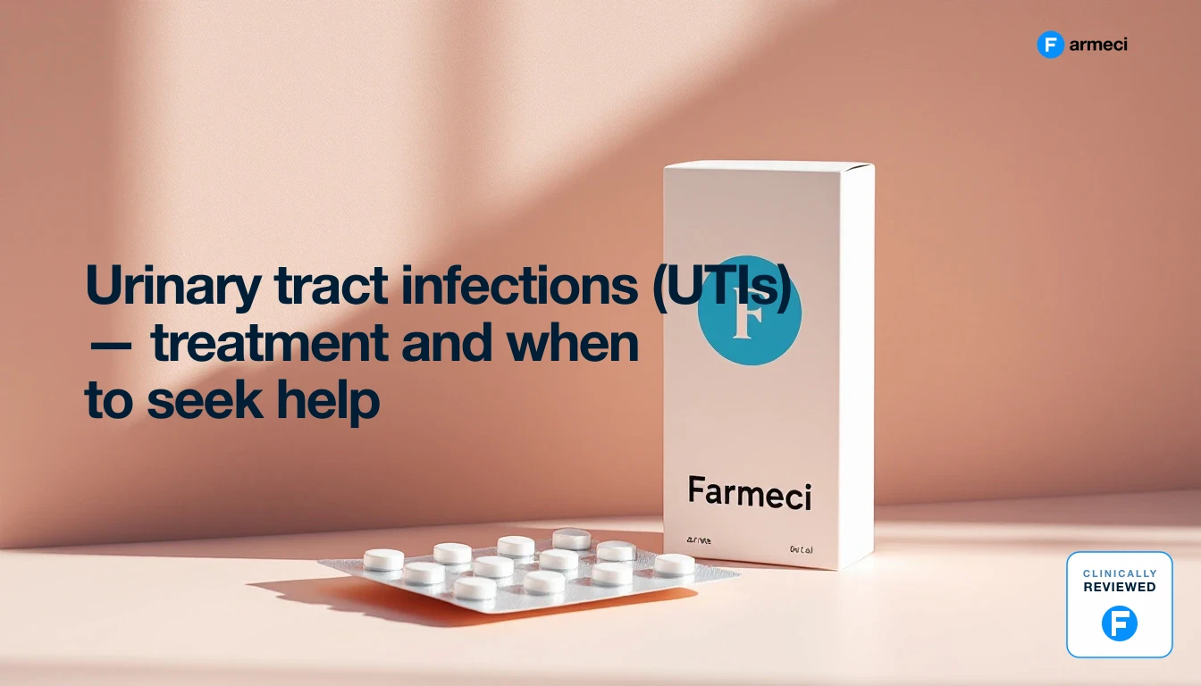 Editorial still life of UTI antibiotic treatment packaging, Farmeci branding
