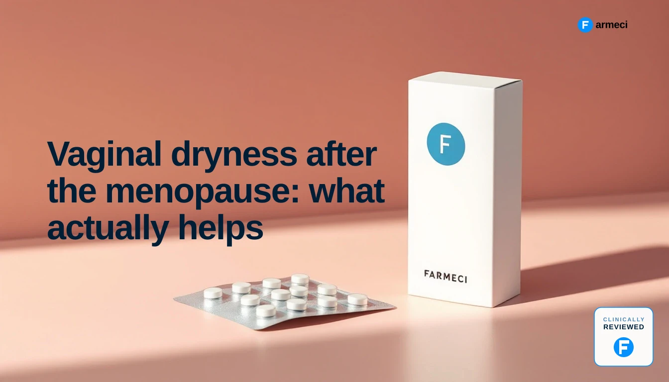 Editorial cover for Farmeci's guide on vaginal dryness after the menopause, alongside the headline.