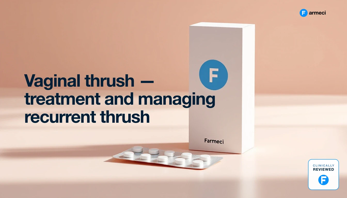 Editorial still life of vaginal thrush antifungal treatment, Farmeci branding