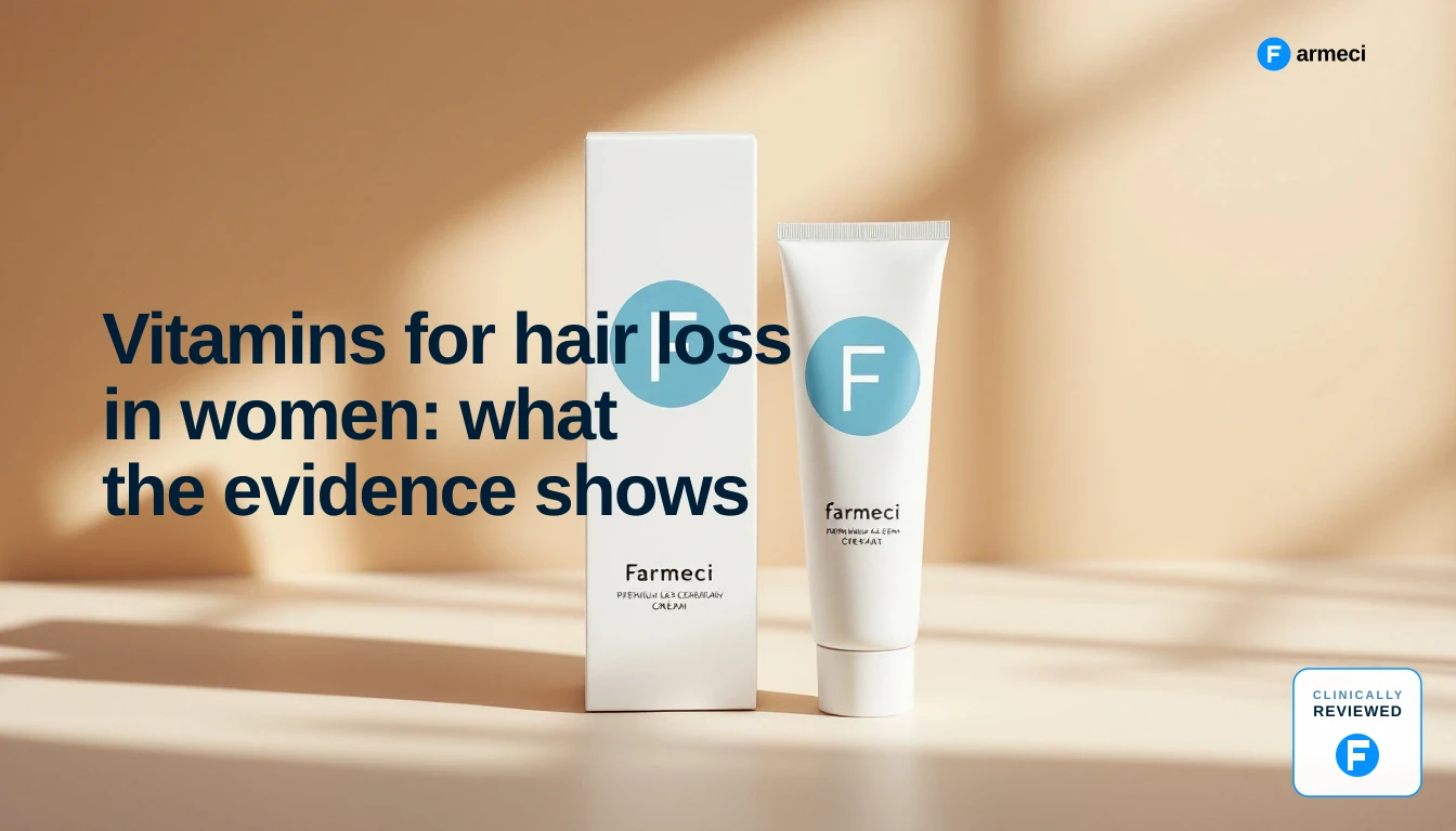 Editorial cover for Farmeci's guide on vitamins for hair loss in women, showing a calm nutrition and haircare theme with a blood-test vial motif.