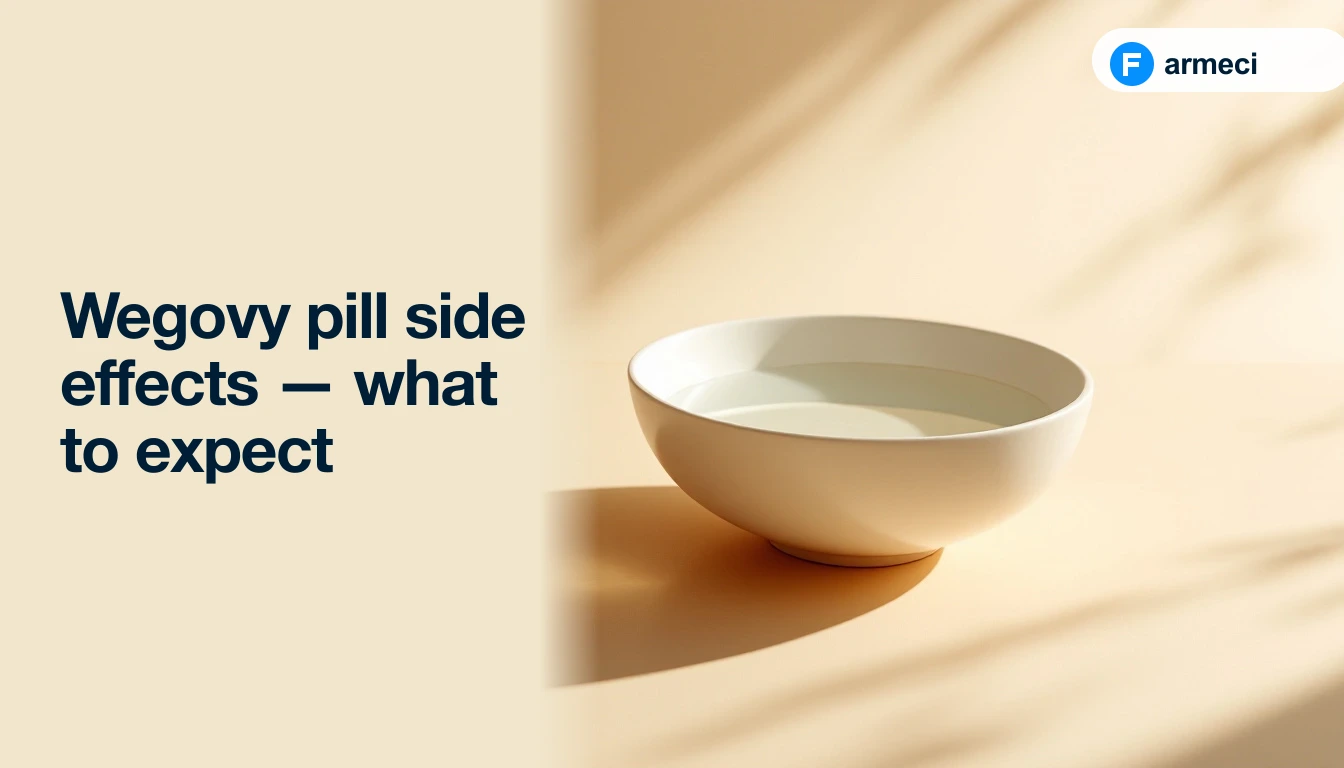 Editorial cover for Farmeci's guide on Wegovy pill side effects — a single elegant matte cream-coloured ceramic vessel on a polished warm amber-cream surface with soft natural light, alongside the headline.