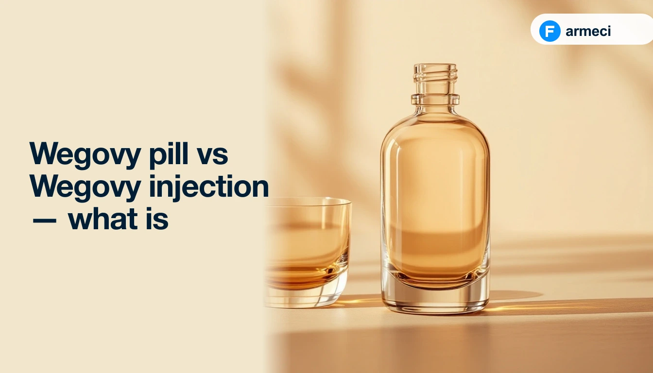 Editorial cover for Farmeci's comparison guide on the Wegovy pill versus the Wegovy injection — two elegant clear glass vessels of clearly contrasting forms side by side on a polished warm amber-cream surface, soft natural light, alongside the headline.