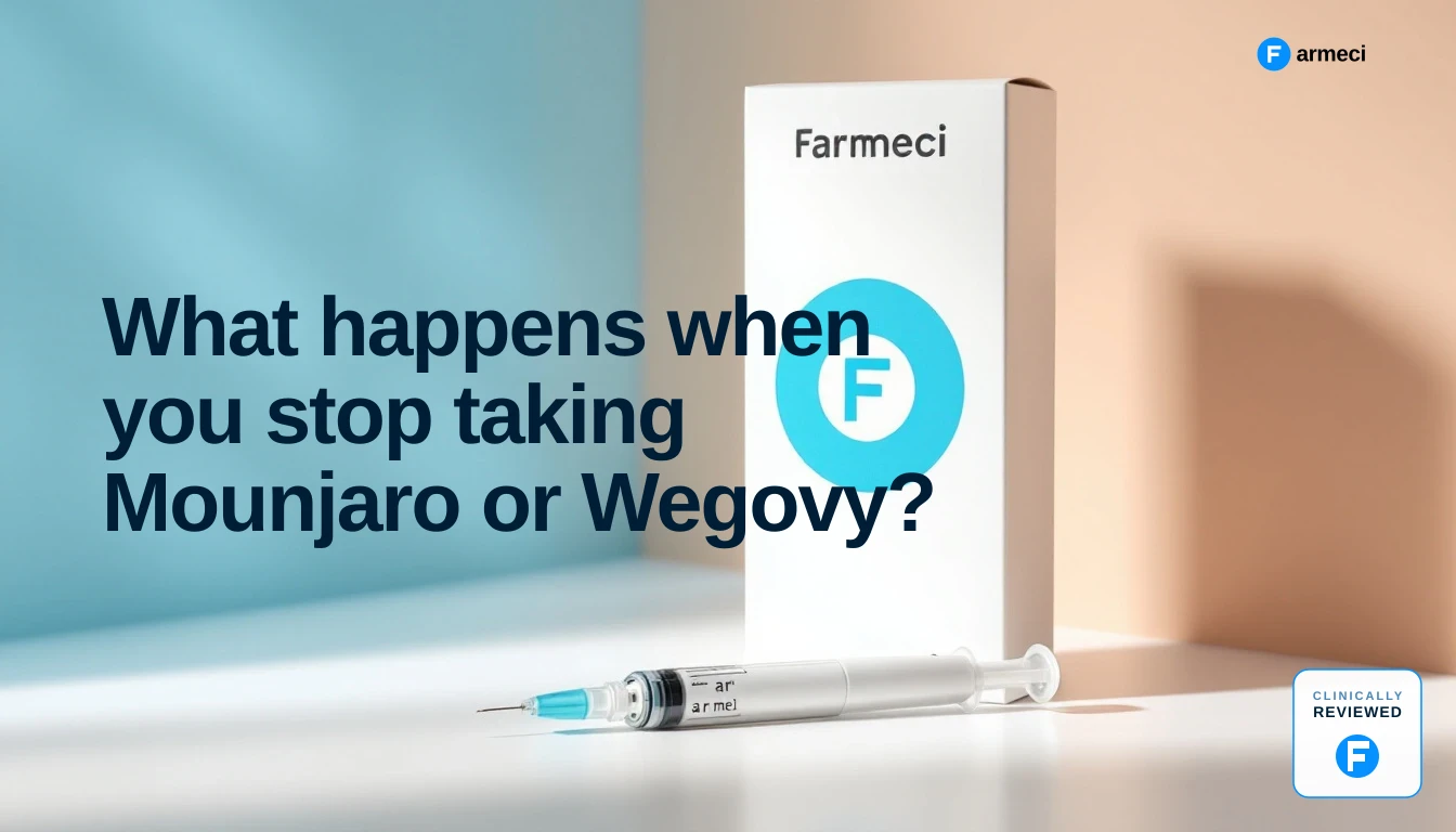 Editorial cover for Farmeci's guide to stopping Mounjaro or Wegovy and managing weight regain, Farmeci branding