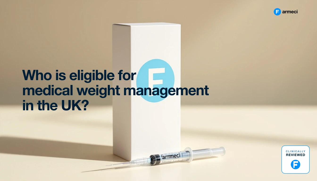 Clinical illustration representing UK medical weight management eligibility assessment, Farmeci branding