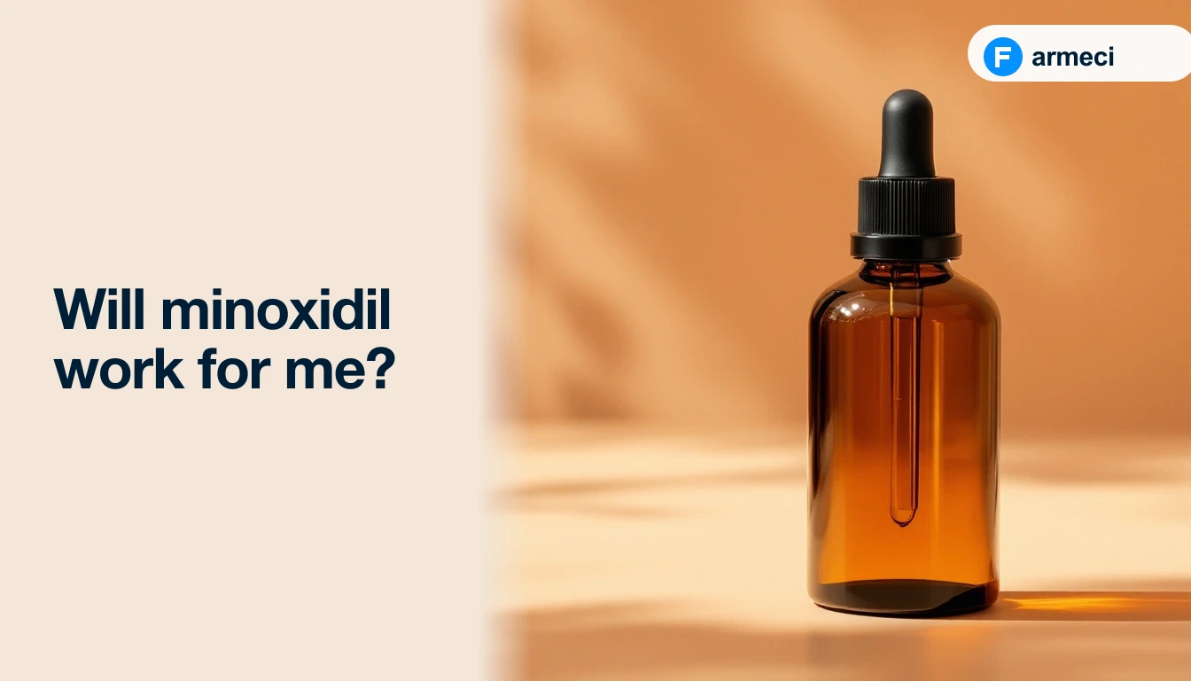 Editorial cover for Farmeci's guide on whether minoxidil will work — peach backdrop, a row of five hair follicles showing month-by-month growth response, and a Farmeci-branded minoxidil topical bottle.